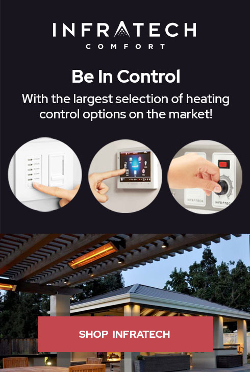 Infratech control options including dimmer control, home management system, and solid state control with decorative image of an infratech heater installed in a gazebo