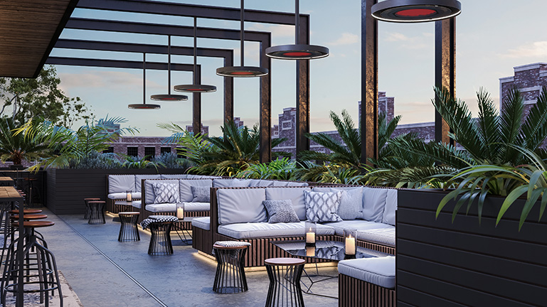 Six Outdoor Patio Heaters Hung Over Dining Area at a Restaurant