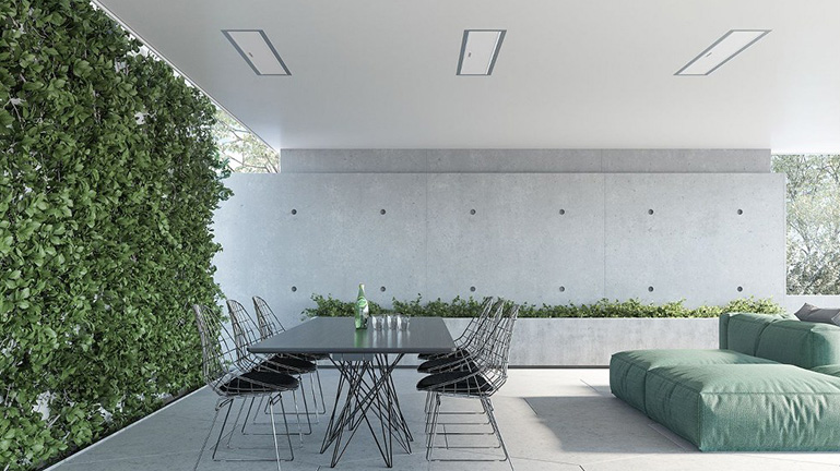 Three Recessed Heaters Installed Above Outdoor Dining Area