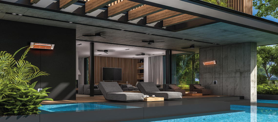 Two Electric Plug In Patio Heaters on Outdoor Patio with Wood Deck and Two Outdoor Chairs and Two Outdoor Chaise Lounges Overlooking a Spa and Pool 