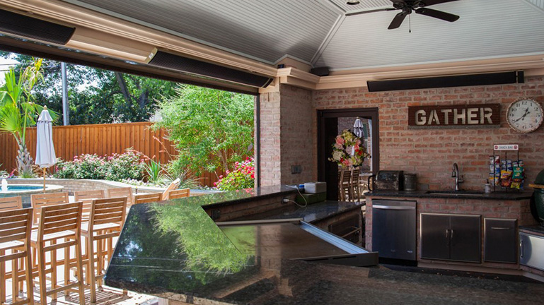 Electric Heaters Mounted on the Sides of a Covered Outdoor Kitchen