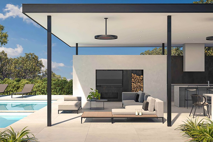 a bromic eclipse pendant over an outside living room next to a modern pool