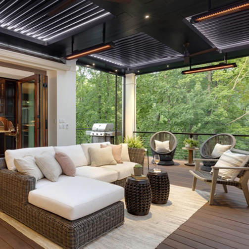 electric tungsten heaters over a cosy and zen outdoor living room