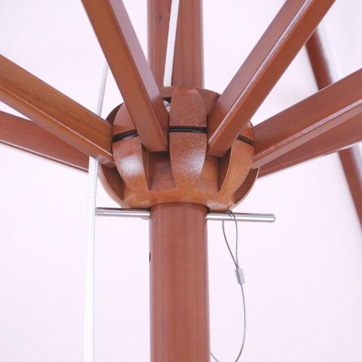 detail of wooden galtech umbrella spokes