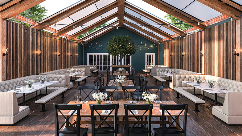wall mount innova heaters under a coverd patio with white couches and many restaurant tables with string lights on the beams