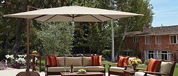 large simplyshade umbrella over patio seating