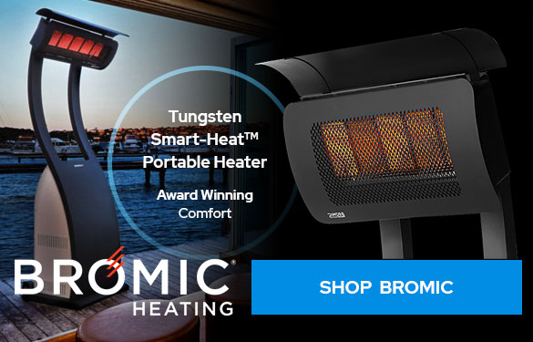 Portable bromic heater facing into a patio with a waterfront view