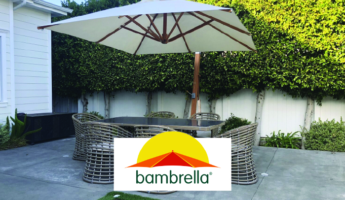 bamboo cantilever umbrella over a patio dining set