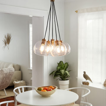 clustered pendants over a table